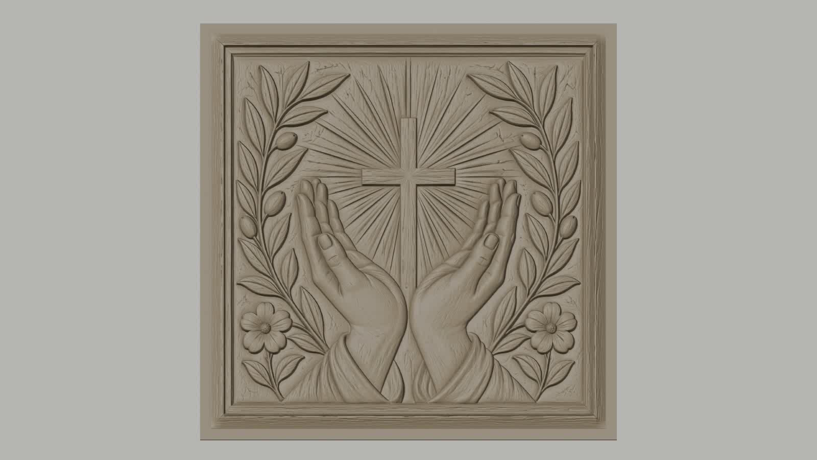 Fichier CNC & impression 3D chrétien, mains en prière, croix et feuillage floral, haute qualité relief STL