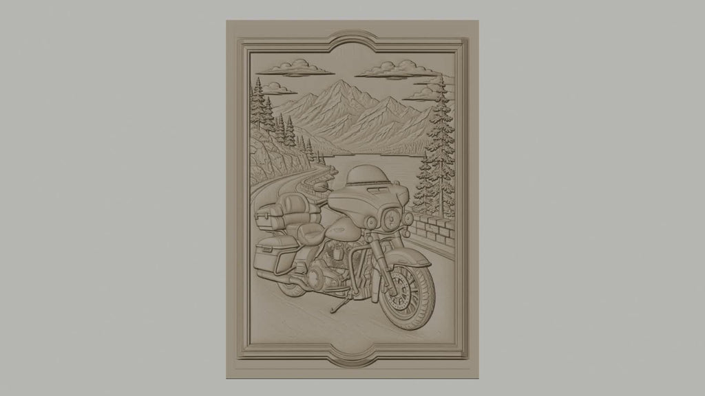 Fichier CNC & impression 3D moto routière, paysage montagne route lac cadre décoratif, haute qualité relief STL
