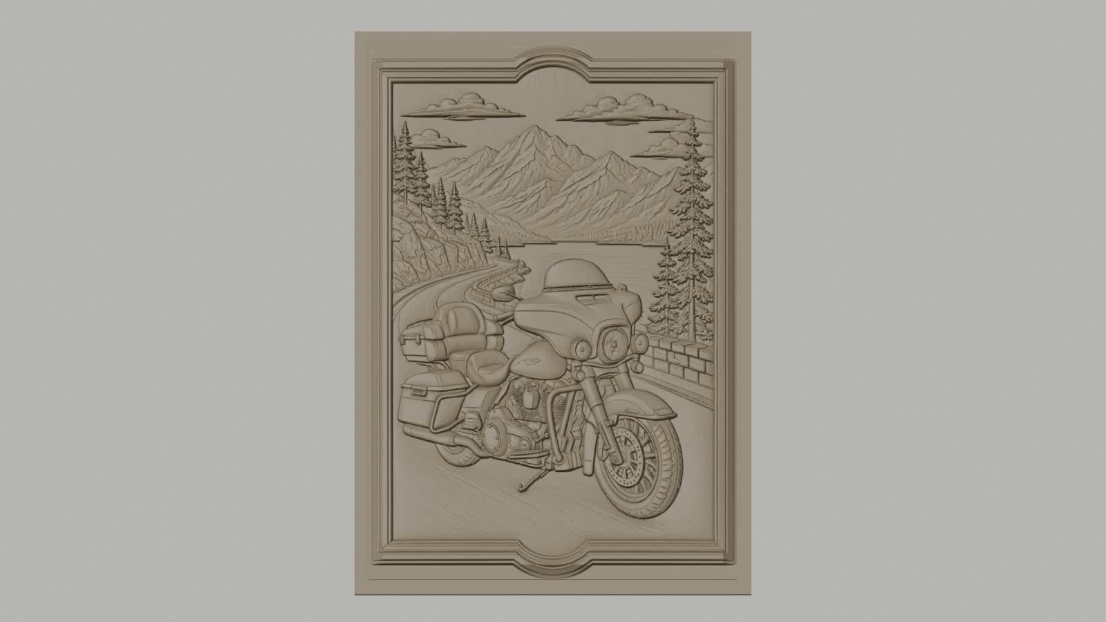 Fichier CNC & impression 3D moto routière, paysage montagne route lac cadre décoratif, haute qualité relief STL