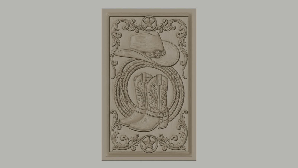Fichier CNC & impression 3D thème western, bottes, chapeau, lasso, étoiles, haute qualité relief STL