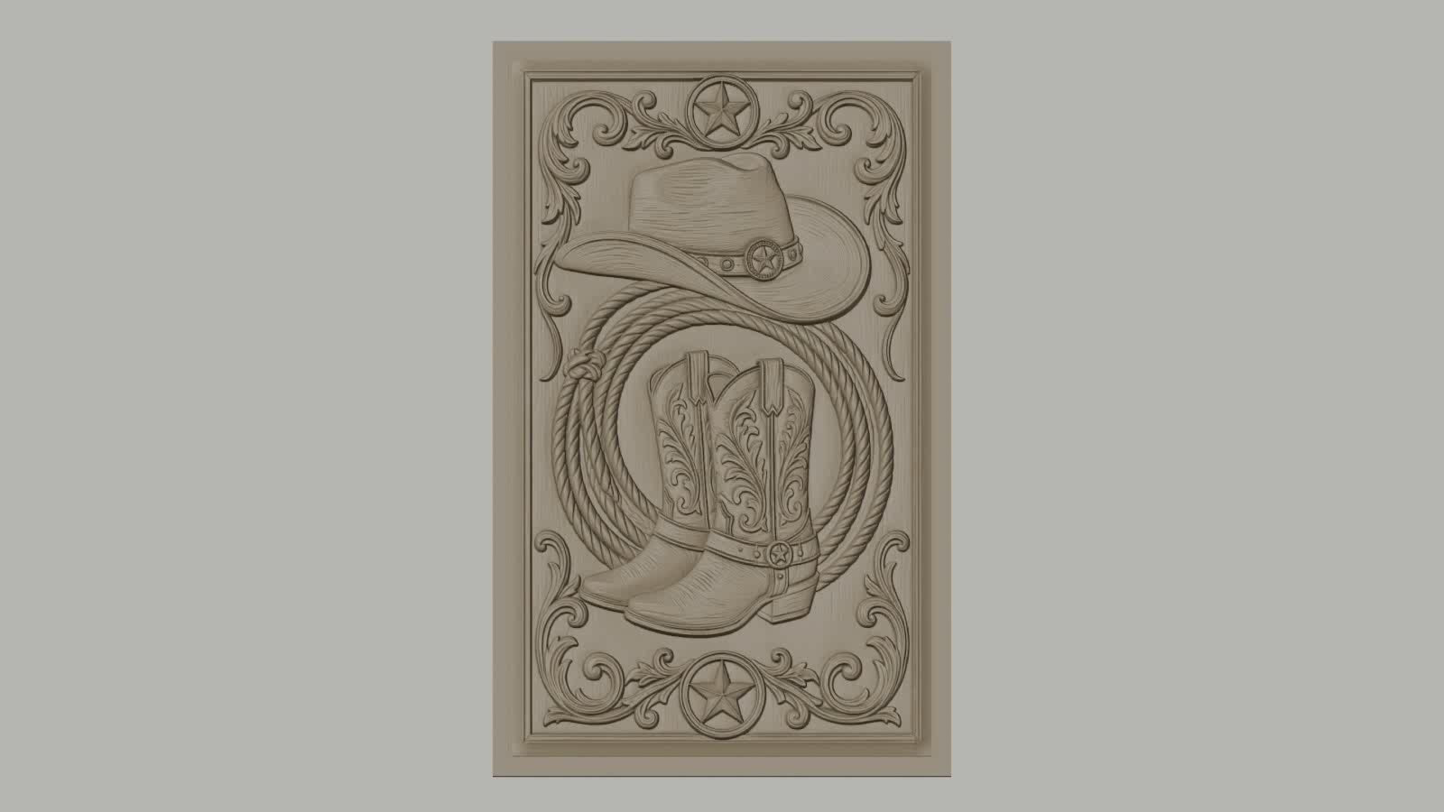 Fichier CNC & impression 3D thème western, bottes, chapeau, lasso, étoiles, haute qualité relief STL