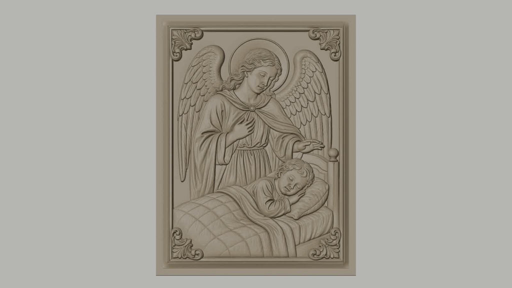 Fichier CNC & impression 3D ange gardien avec enfant, scène religieuse de protection, haute qualité relief STL
