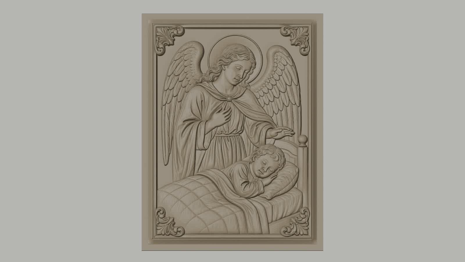 Fichier CNC & impression 3D ange gardien avec enfant, scène religieuse de protection, haute qualité relief STL