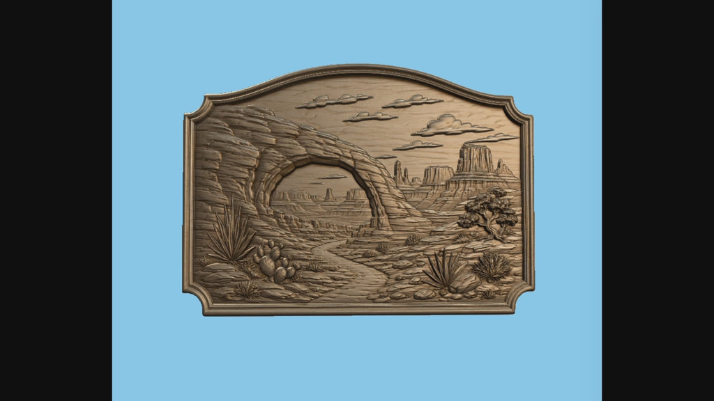 CNC & impression 3D relief paysage désert western, arche rocheuse, cactus et mesas, fichier STL très haute qualité