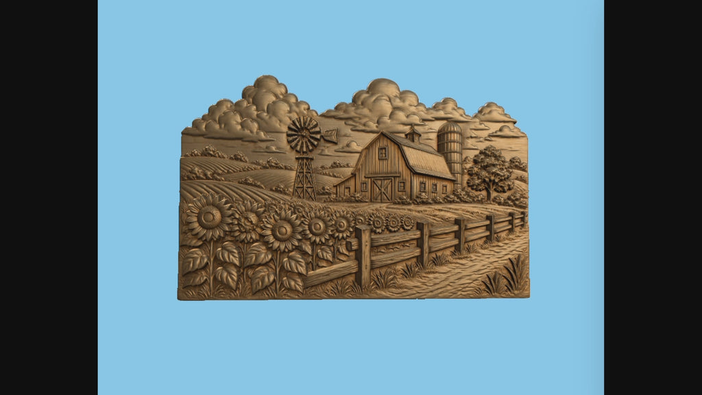 CNC & impression 3D scène de ferme avec tournesols, grange et moulin, relief bois mural fichier STL très haute qualité