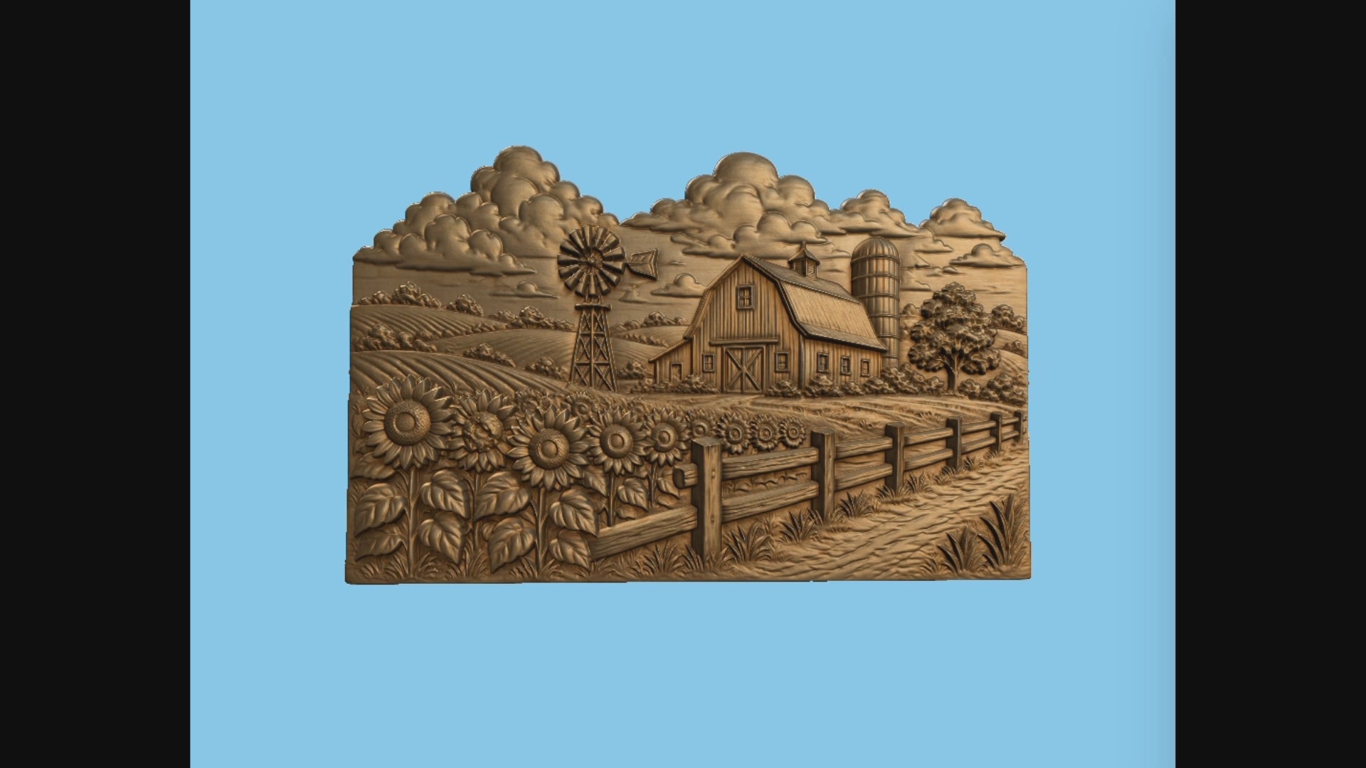 CNC & impression 3D scène de ferme avec tournesols, grange et moulin, relief bois mural fichier STL très haute qualité