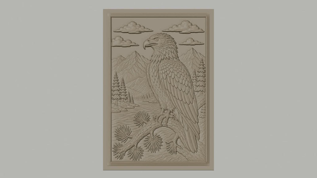 Fichier CNC & impression 3D aigle sur branche, montagnes, forêt, rivière, haute qualité relief STL