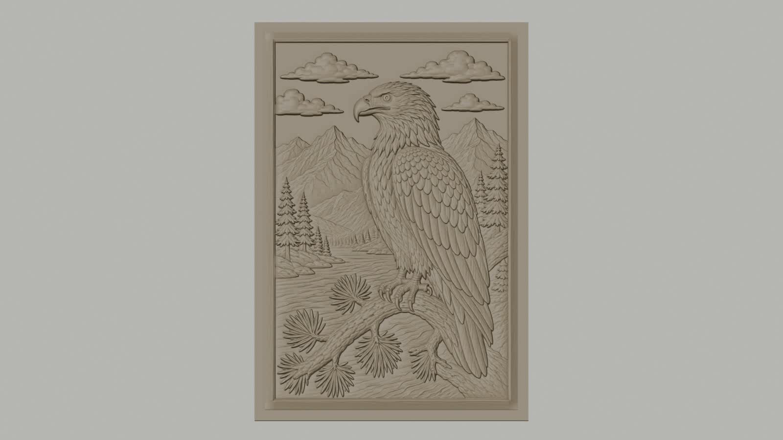 Fichier CNC & impression 3D aigle sur branche, montagnes, forêt, rivière, haute qualité relief STL