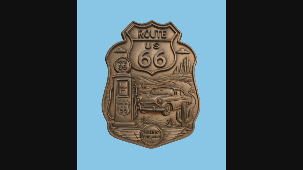 Route 66 plaque murale western CNC & impression 3D, fichier STL bas-relief bois vintage Americana