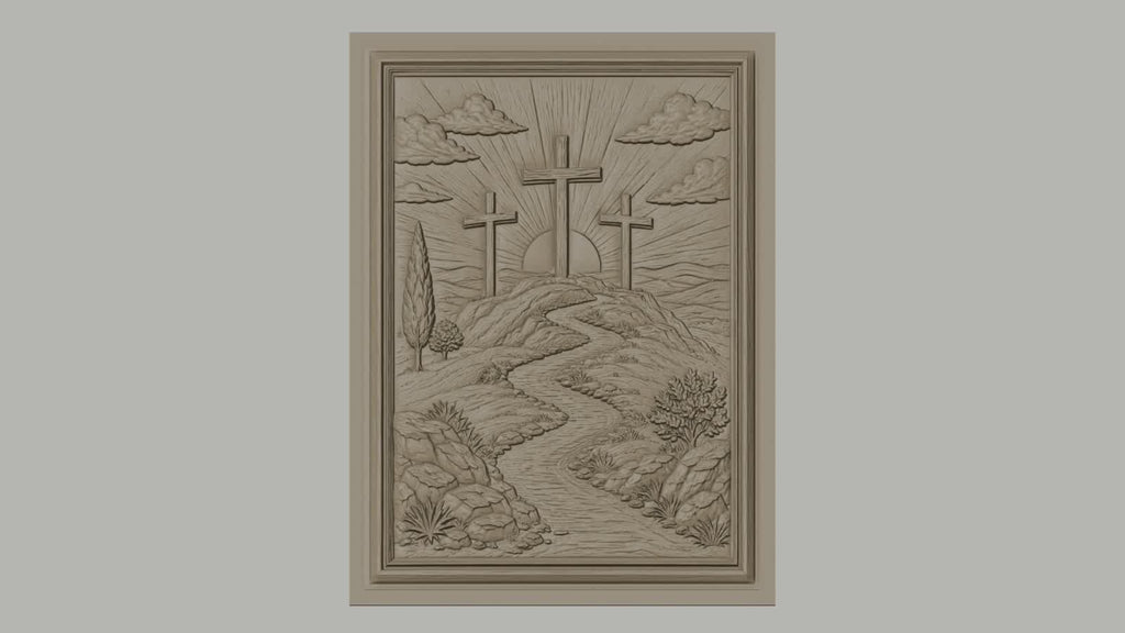 Fichier CNC & impression 3D scène chrétienne, croix sur colline avec rivière et arbres, haute qualité relief STL