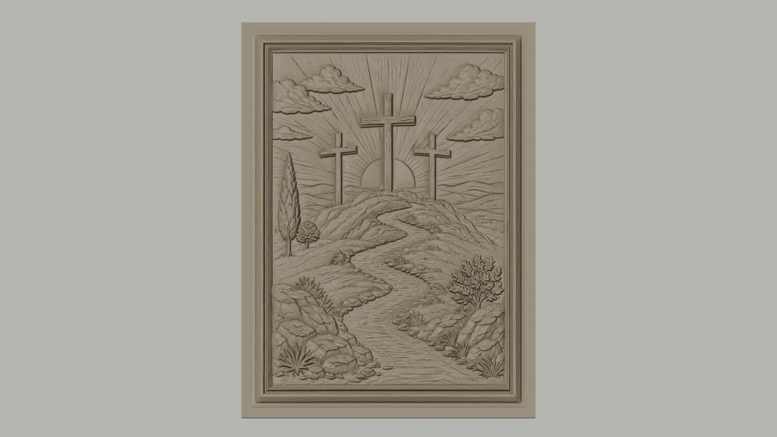 Fichier CNC & impression 3D scène chrétienne, croix sur colline avec rivière et arbres, haute qualité relief STL