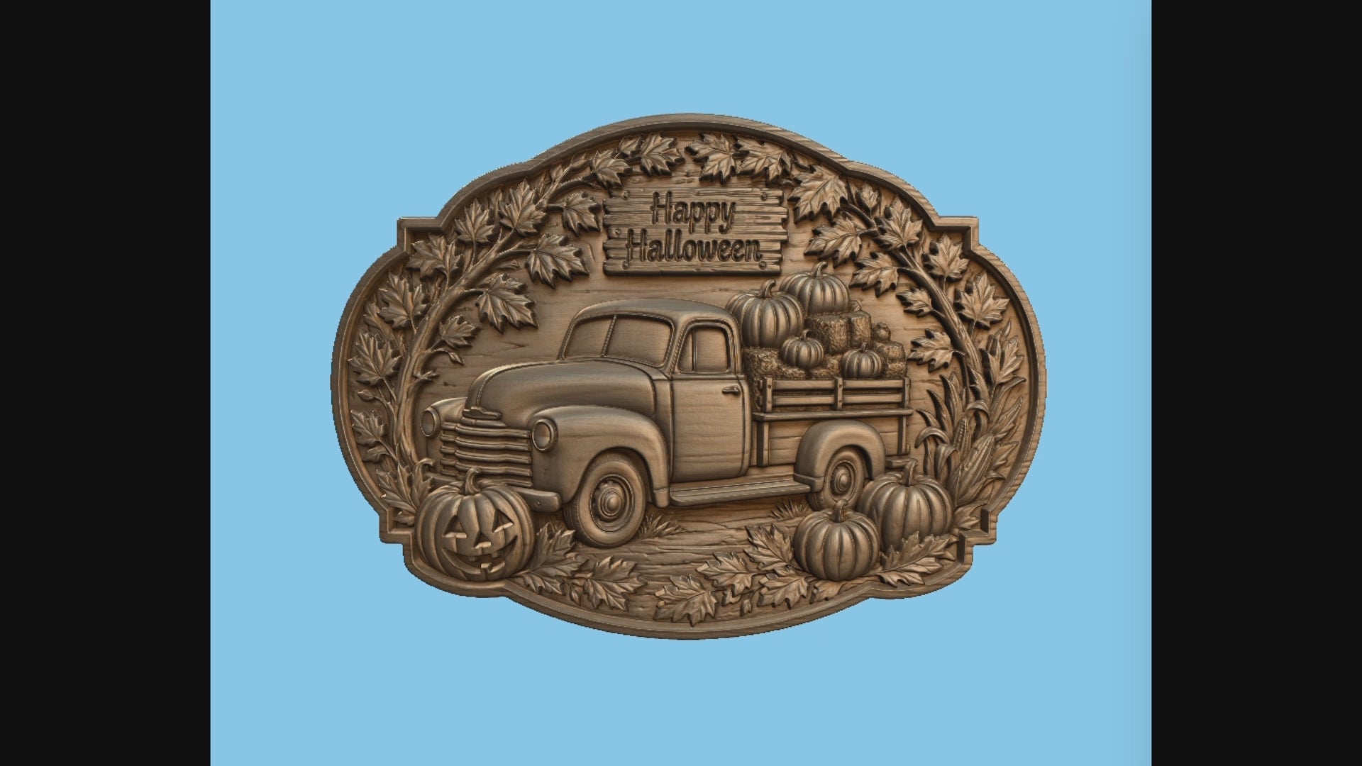 Relief camion vintage Halloween CNC & impression 3D, citrouilles, feuilles d’automne et panneau Happy Halloween, fichier STL haute qualité