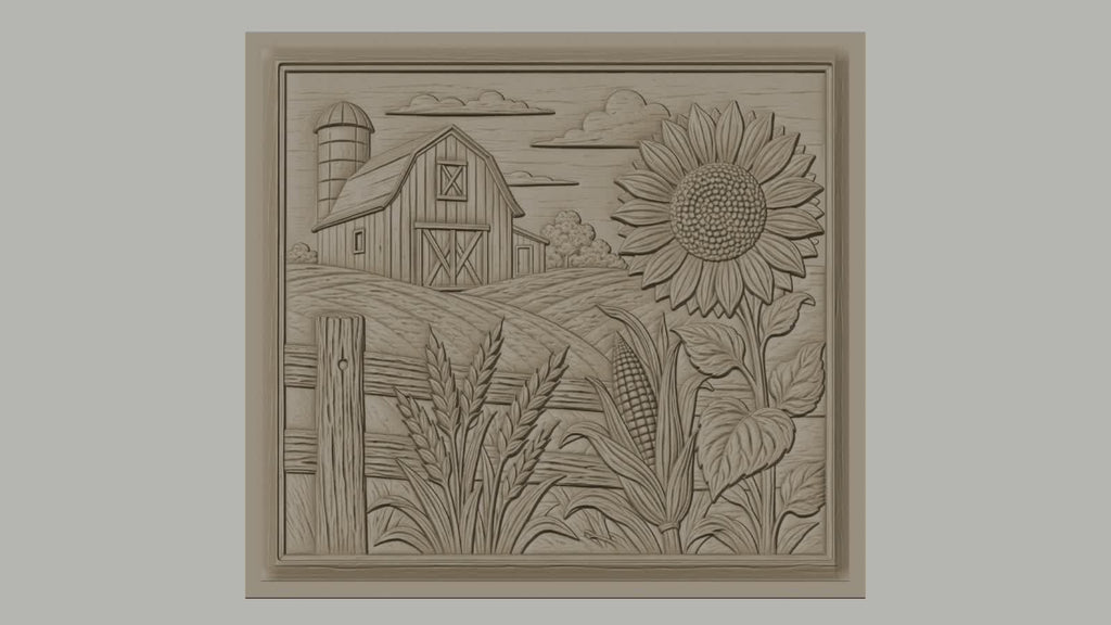 Fichier CNC & impression 3D ferme rustique, grange tournesol maïs et blé, haute qualité relief STL