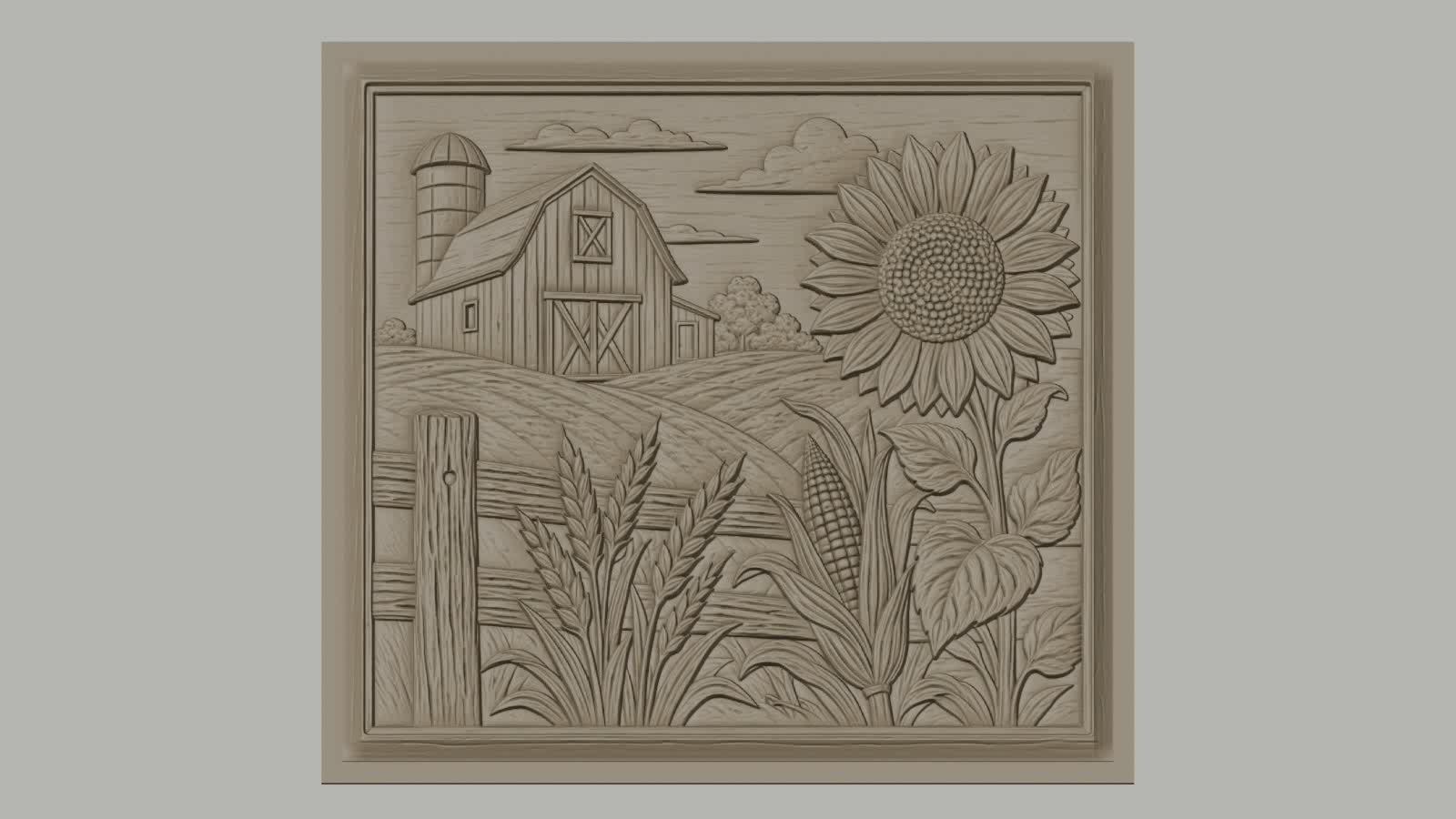 Fichier CNC & impression 3D ferme rustique, grange tournesol maïs et blé, haute qualité relief STL