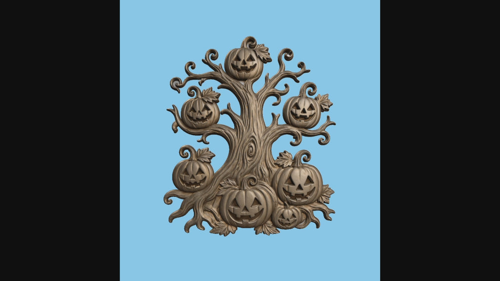 CNC & impression 3D relief arbre Halloween, citrouilles jack-o’-lantern et décor automne, fichier STL haute qualité