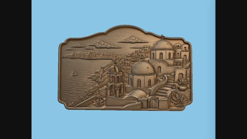 CNC & impression 3D relief Santorin, village grec, églises à dômes et mer Égée, sculpture bois fichier STL haute qualité