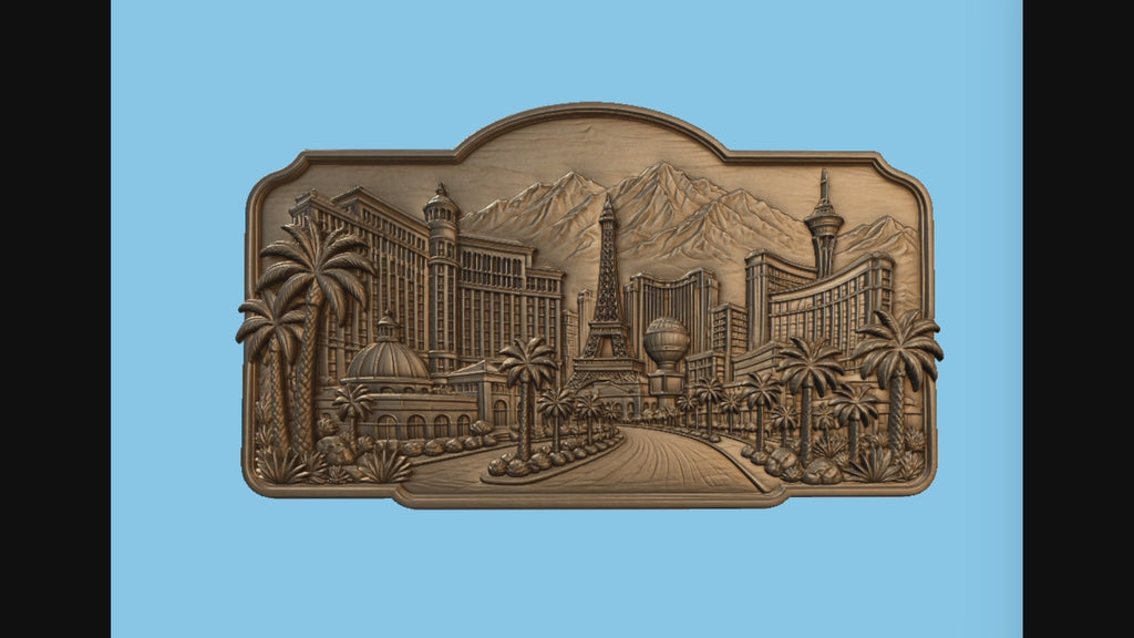 CNC & impression 3D relief Las Vegas Strip, skyline, hôtels, palmiers et montagnes, sculpture bois fichier STL haute qualité