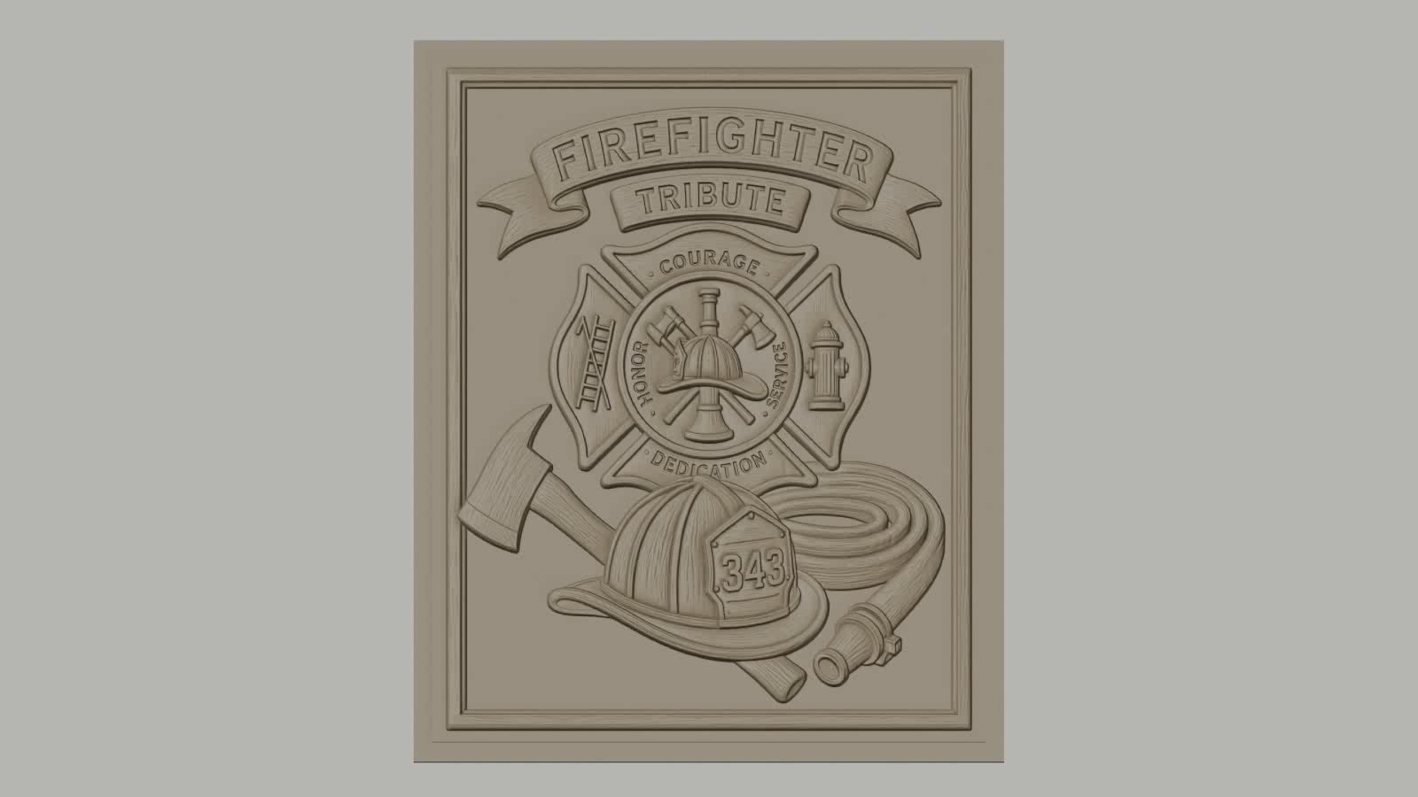 Fichier CNC & impression 3D pompiers, casque, hache, tuyau d'incendie, écusson hommage, haute qualité relief STL