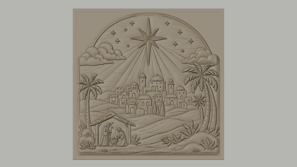 Fichier CNC & impression 3D scène de la nativité, étoile et village biblique, haute qualité relief STL