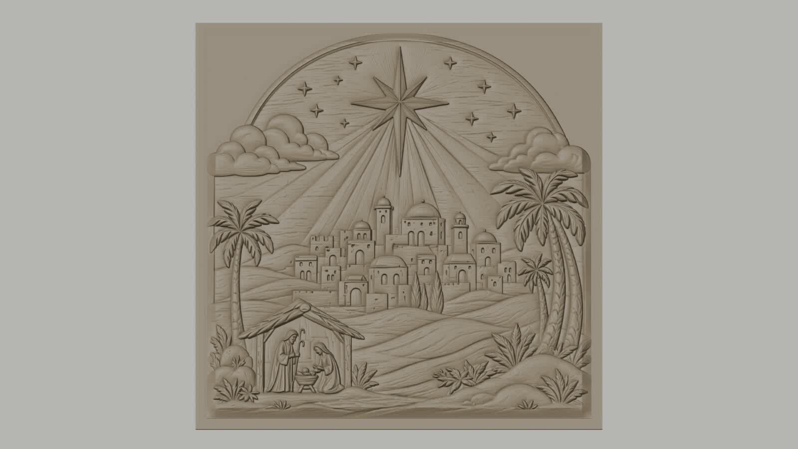 Fichier CNC & impression 3D scène de la nativité, étoile et village biblique, haute qualité relief STL