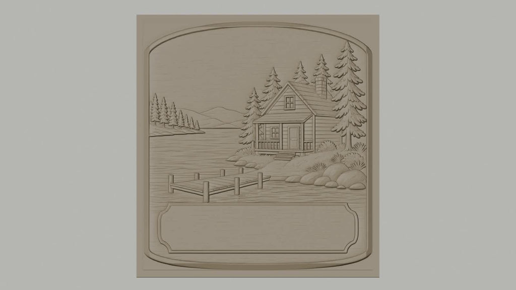 Fichier CNC & impression 3D chalet lac, ponton, arbres et rochers, haute qualité relief STL