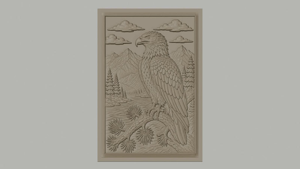 Fichier CNC & impression 3D aigle et paysage montagneux, forêt et rivière, haute qualité relief STL