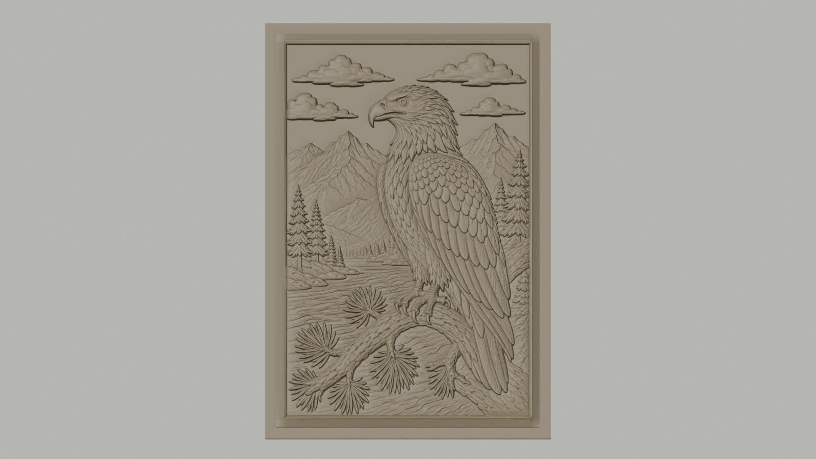 Fichier CNC & impression 3D aigle et paysage montagneux, forêt et rivière, haute qualité relief STL