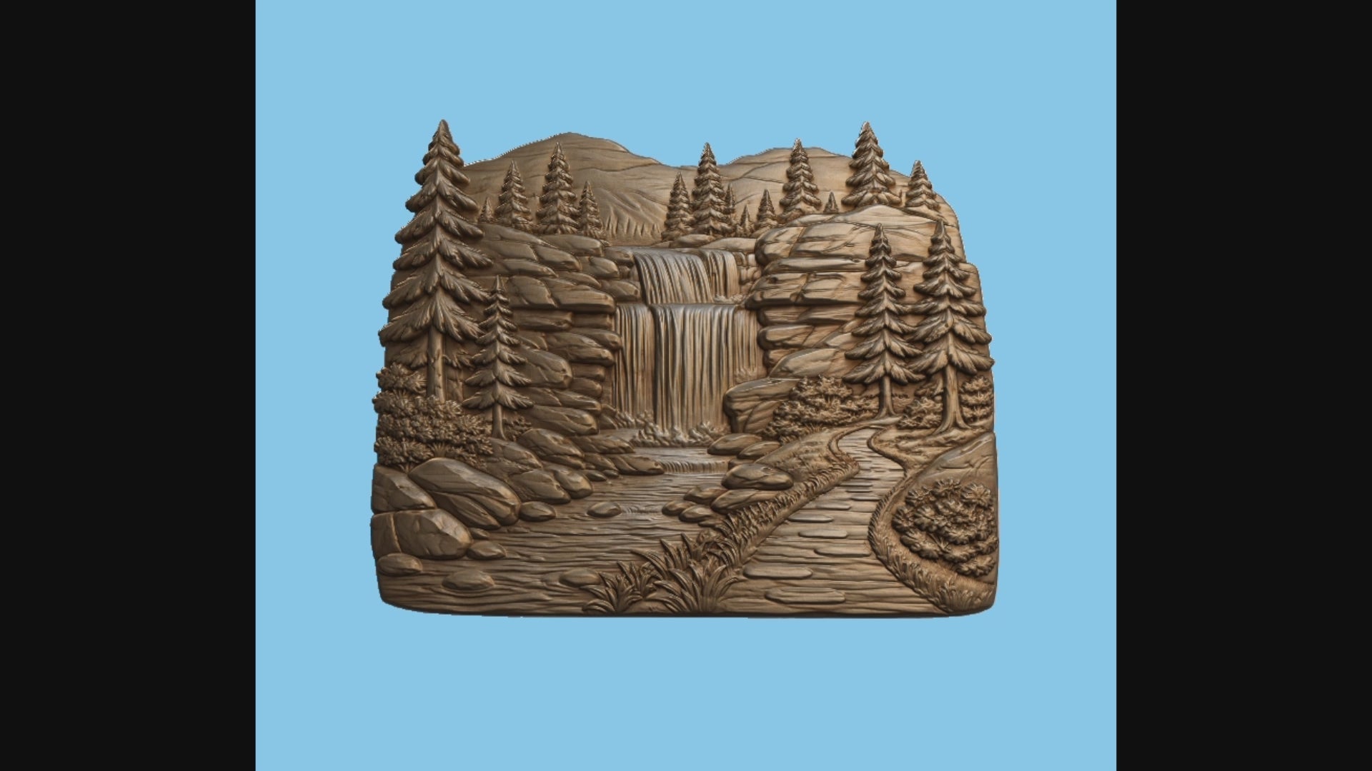 CNC & impression 3D relief cascade de montagne, sapins, rochers et rivière, sculpture bois fichier STL haute qualité