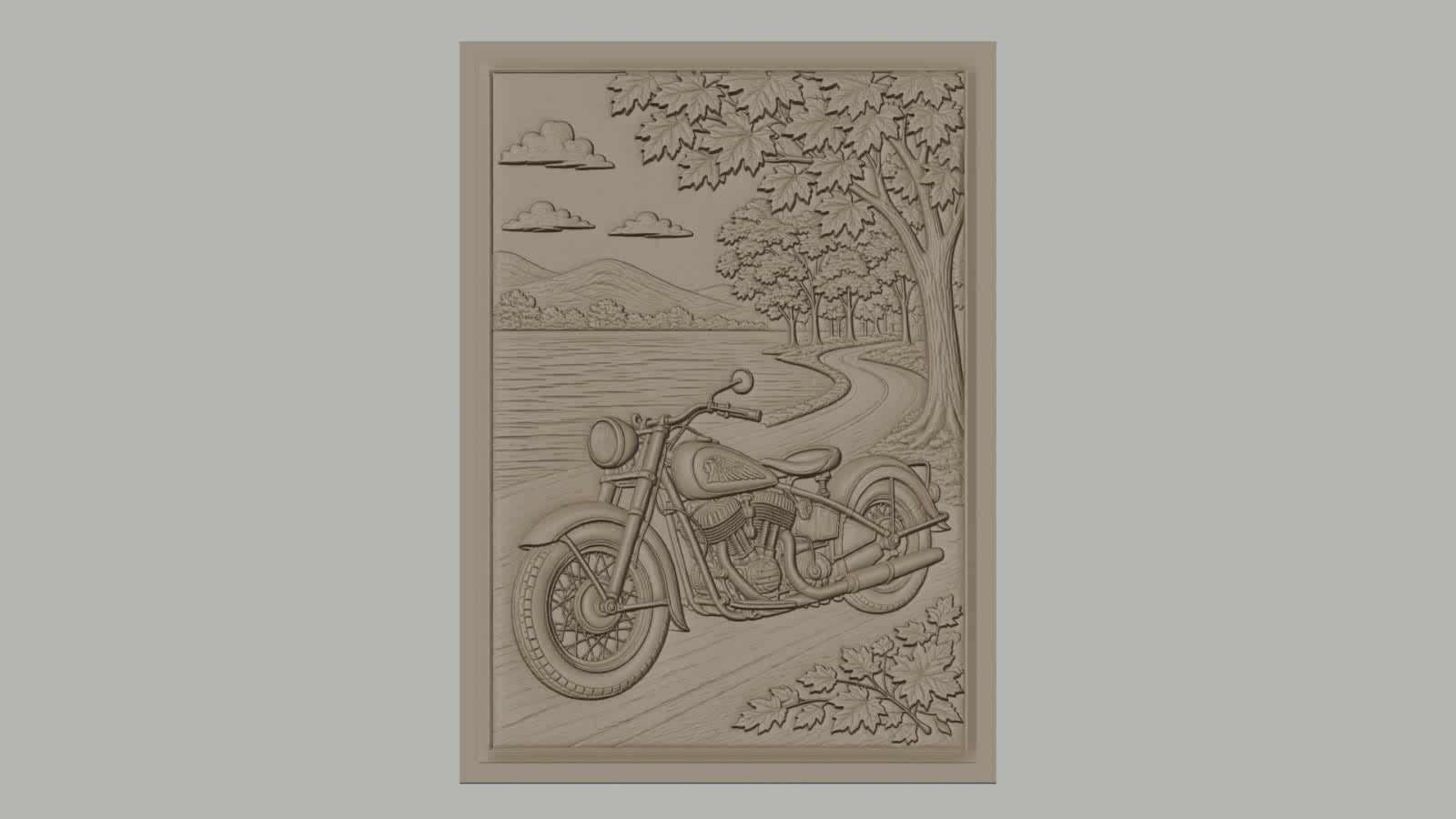 Fichier CNC & impression 3D moto vintage, chemin forestier et lac, haute qualité relief STL