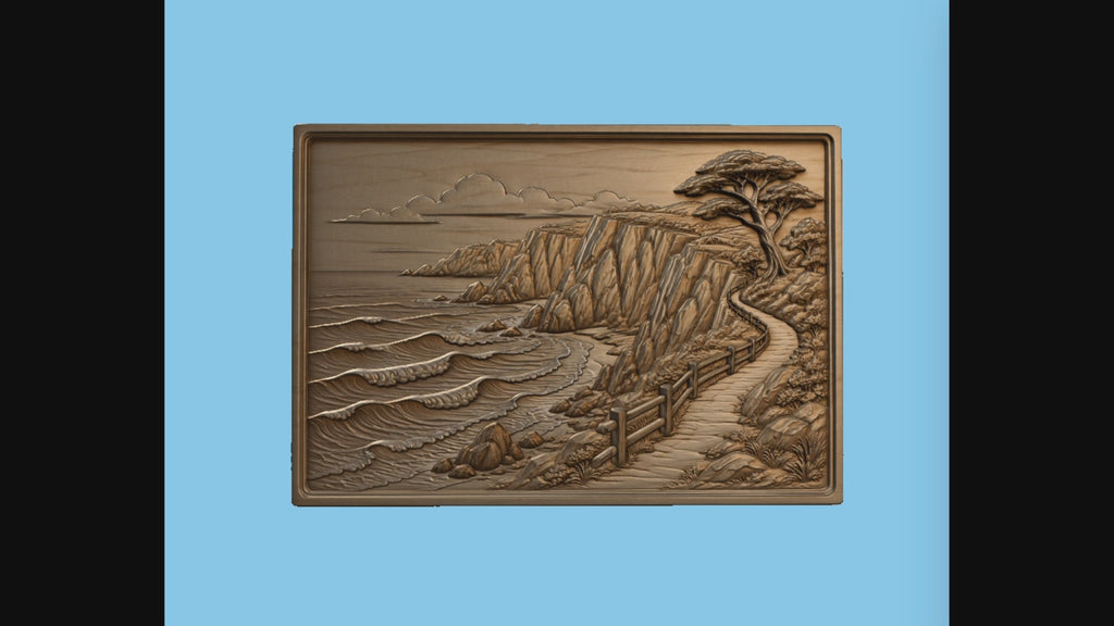 CNC & impression 3D relief paysage côtier, falaises, vagues et sentier bord de mer, sculpture bois fichier STL