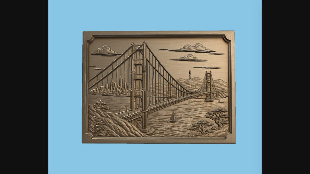 CNC & impression 3D relief pont Golden Gate, San Francisco skyline, baie et voilier, sculpture bois fichier STL de haute qualité
