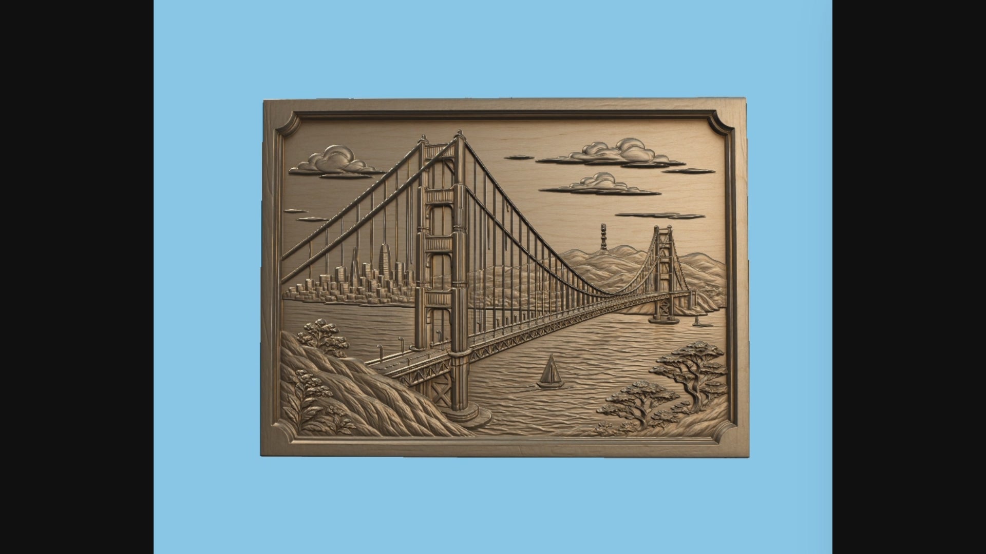 CNC & impression 3D relief pont Golden Gate, San Francisco skyline, baie et voilier, sculpture bois fichier STL de haute qualité