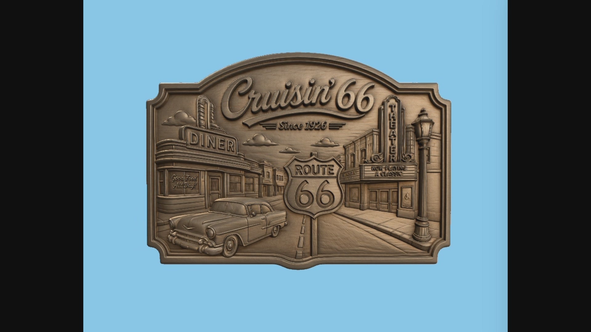 CNC & impression 3D relief Cruisin’ 66, diner vintage, théâtre et voiture classique, sculpture bois fichier STL