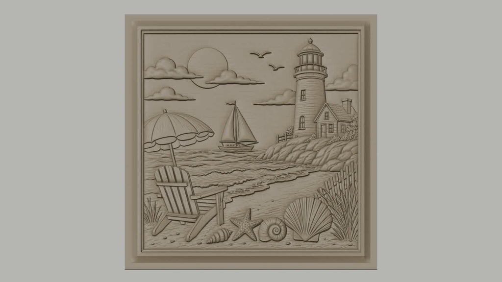 Fichier CNC & impression 3D scène de plage, phare voilier coquillages et chaise, haute qualité relief STL