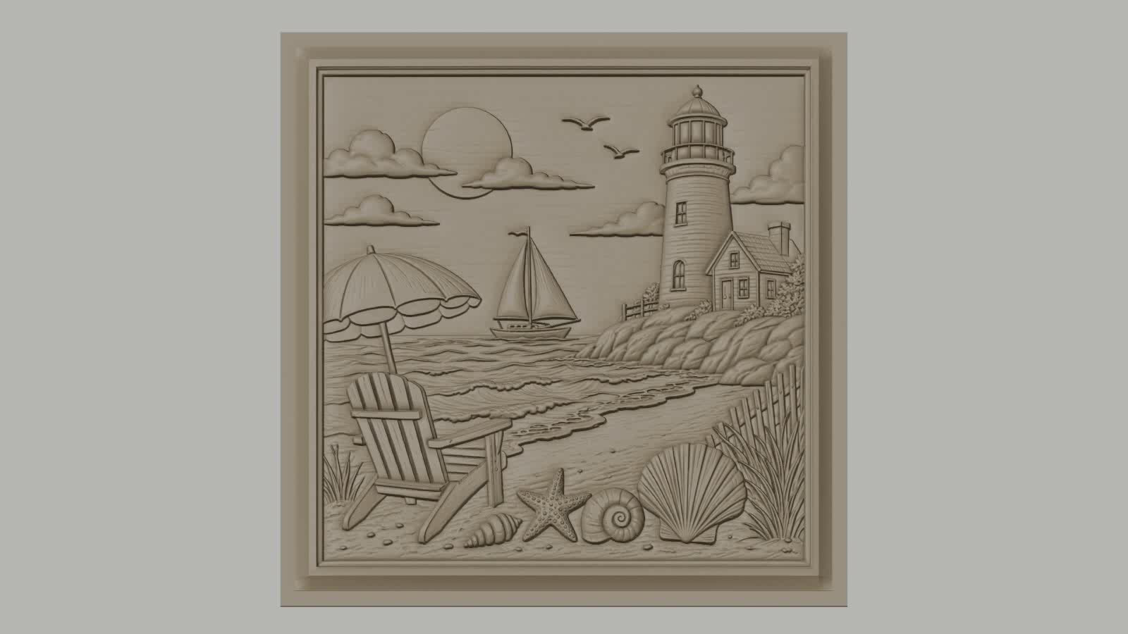 Fichier CNC & impression 3D scène de plage, phare voilier coquillages et chaise, haute qualité relief STL
