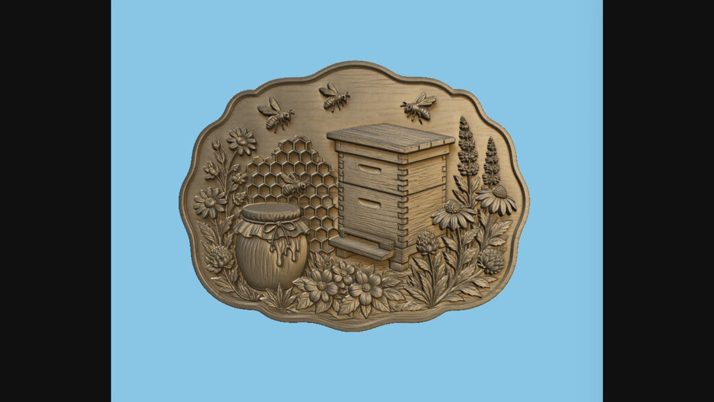 CNC & impression 3D relief ruche abeilles miel et fleurs, fichier STL déco apiculteur bois