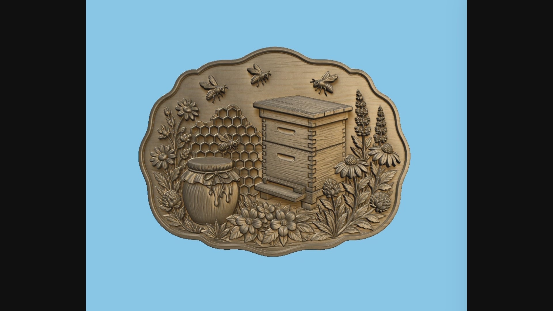 CNC & impression 3D relief ruche abeilles miel et fleurs, fichier STL déco apiculteur bois