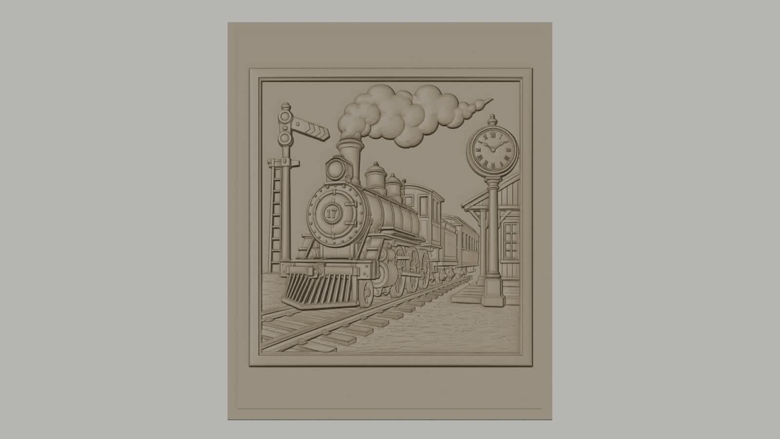 Fichier CNC & impression 3D train à vapeur vintage, gare avec horloge et signal, haute qualité relief STL