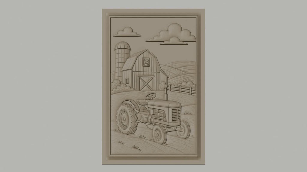 Fichier CNC & impression 3D ferme avec tracteur et grange, paysage champêtre, haute qualité relief STL