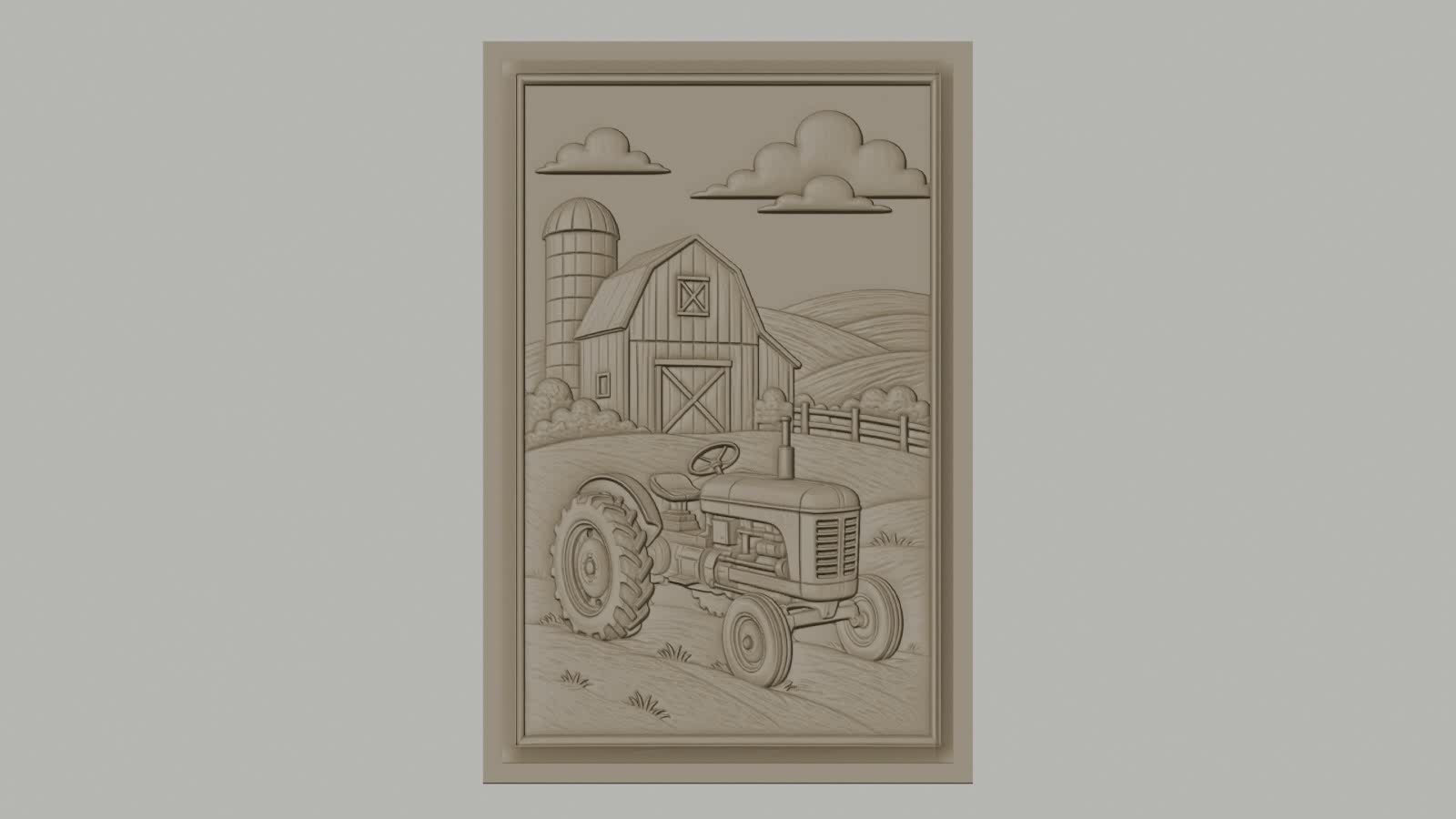 Fichier CNC & impression 3D ferme avec tracteur et grange, paysage champêtre, haute qualité relief STL