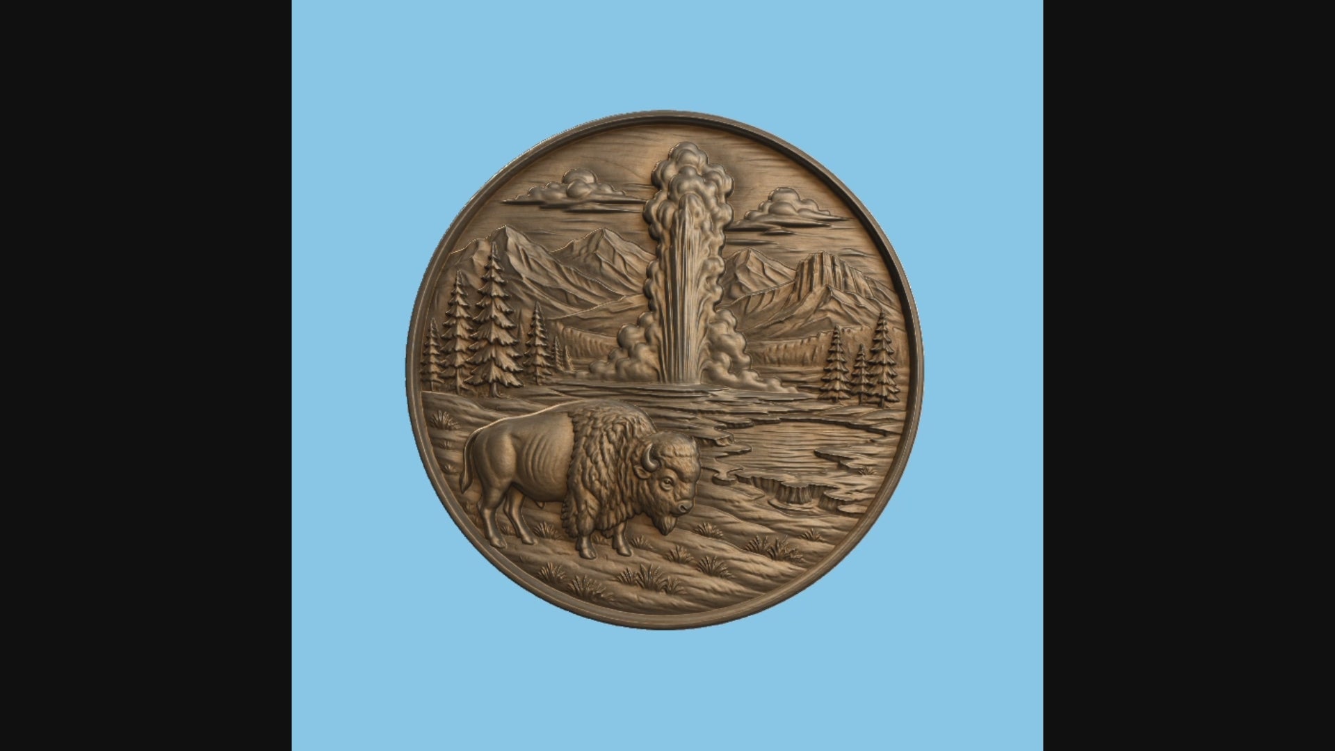 CNC & impression 3D relief bison Yellowstone geyser, décor western nature, fichier STL très haute qualité