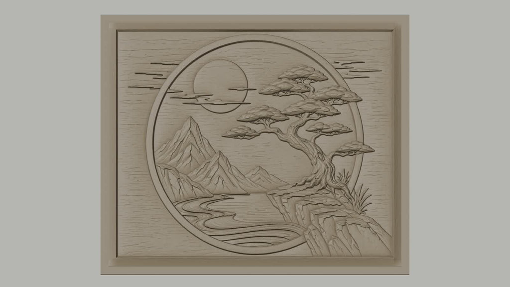 Fichier CNC & impression 3D paysage japonais, montagne, arbre bonsaï, rivière, haute qualité relief STL