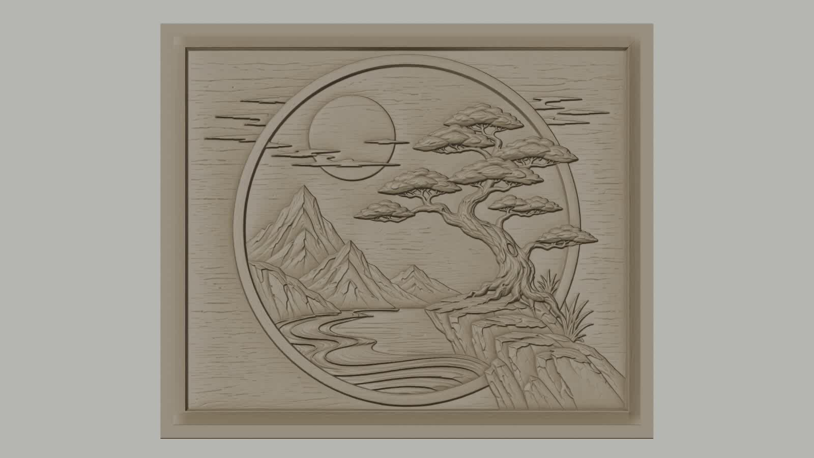 Fichier CNC & impression 3D paysage japonais, montagne, arbre bonsaï, rivière, haute qualité relief STL
