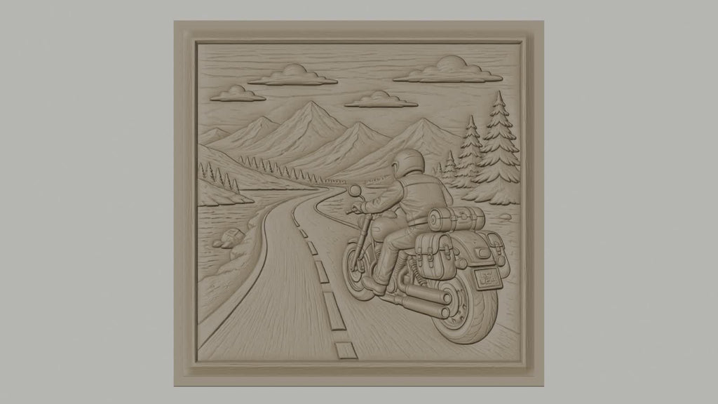 Fichier CNC & impression 3D road trip moto, motard sur route montagne, arbres et ciel, haute qualité relief STL