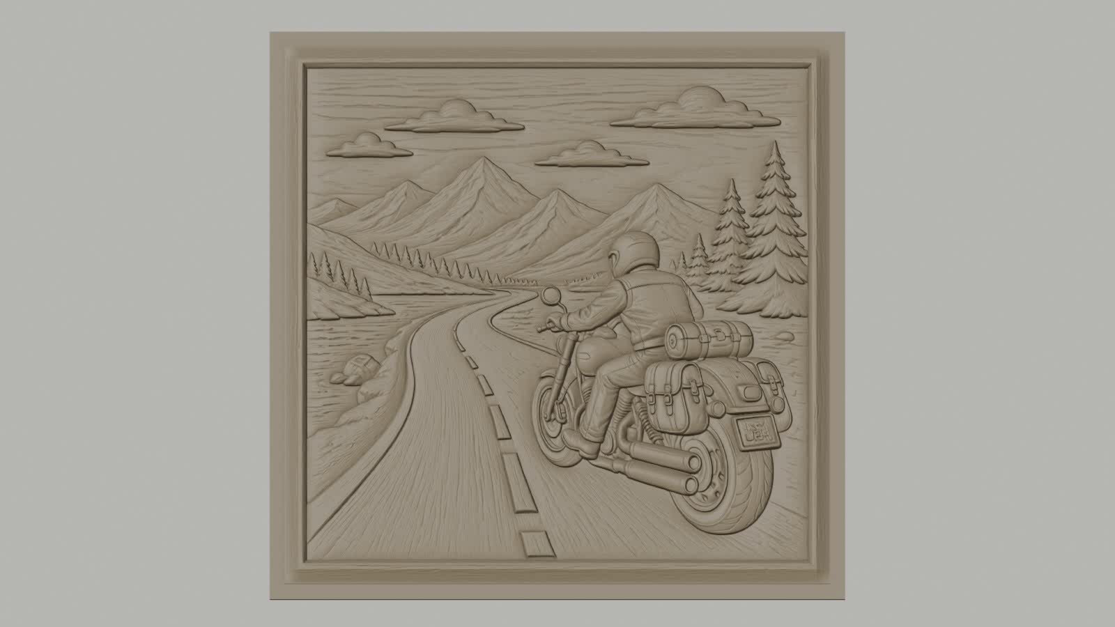 Fichier CNC & impression 3D road trip moto, motard sur route montagne, arbres et ciel, haute qualité relief STL