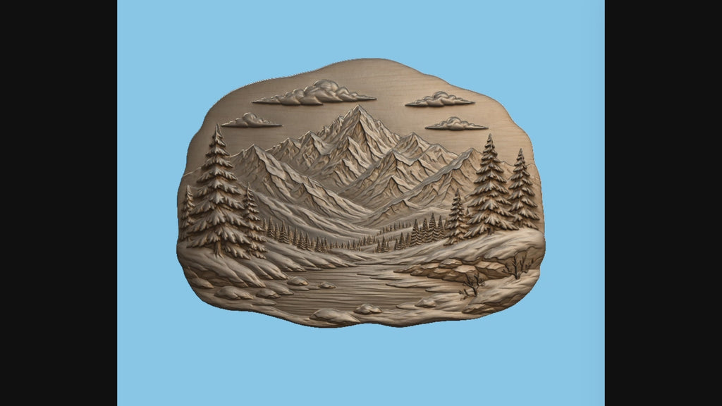 CNC & impression 3D relief montagnes alpines, paysage sapins et lac, décoration nature, sculpture bois fichier STL haute qualité