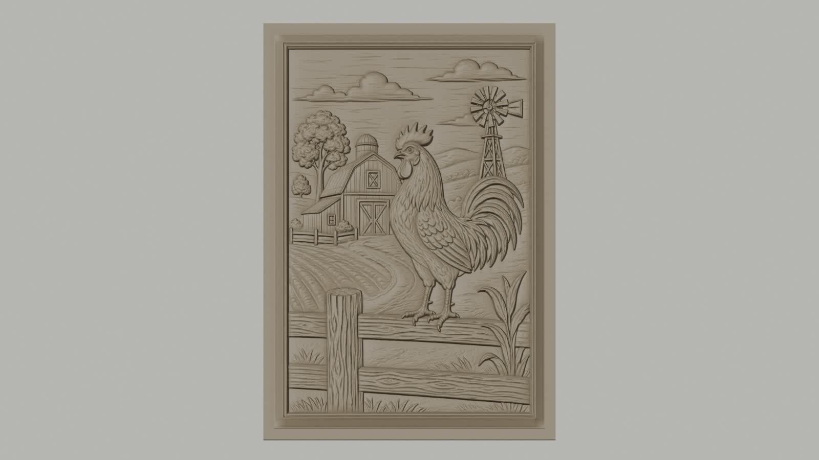 Fichier CNC & impression 3D coq à la ferme, moulin à vent et bâtiment agricole, haute qualité relief STL