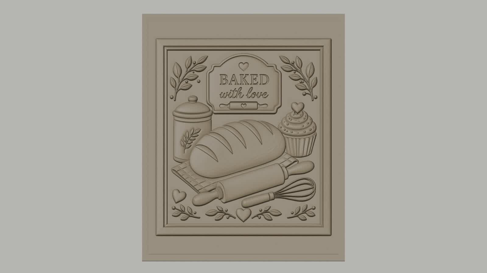 Fichier CNC & impression 3D thème boulangerie, pain, cupcake, rouleau à pâtisserie, fouet, haute qualité relief STL