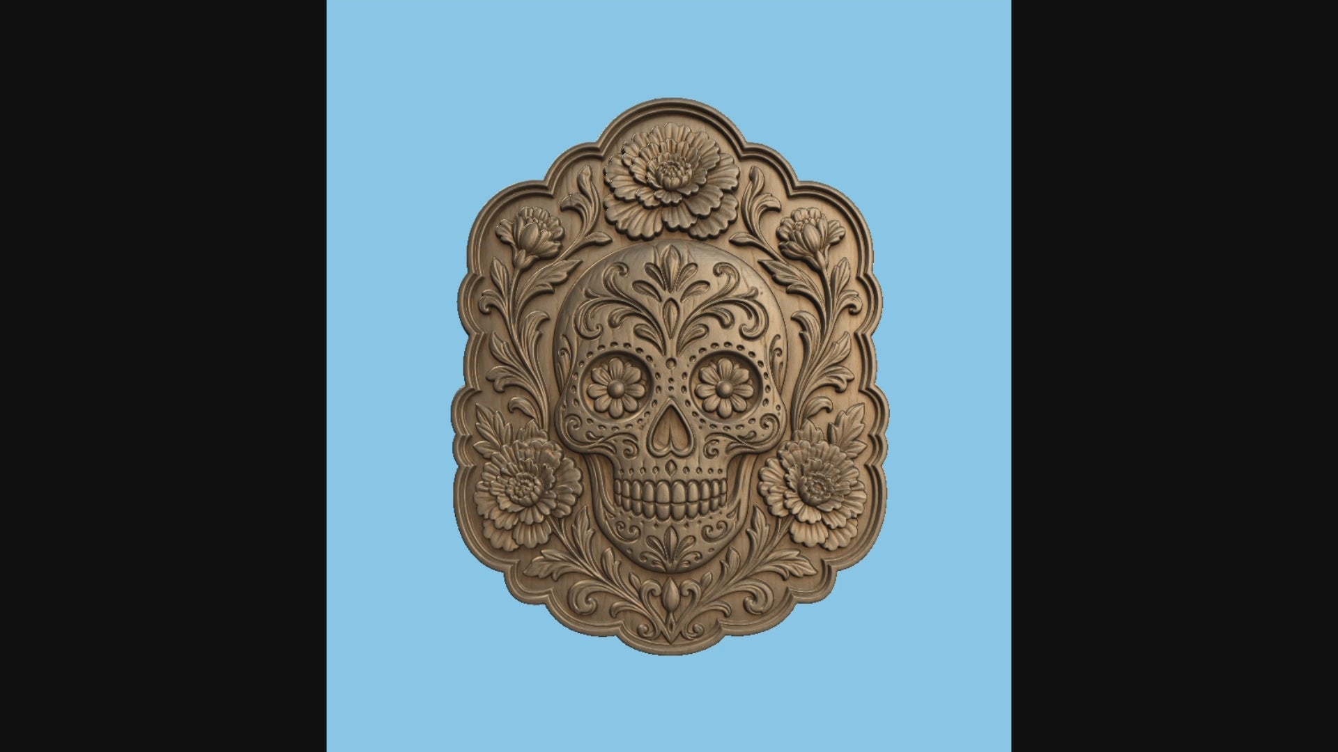 CNC & impression 3D relief crâne floral Sugar Skull, fleurs décoratives et style Día de Muertos, fichier STL haute qualité