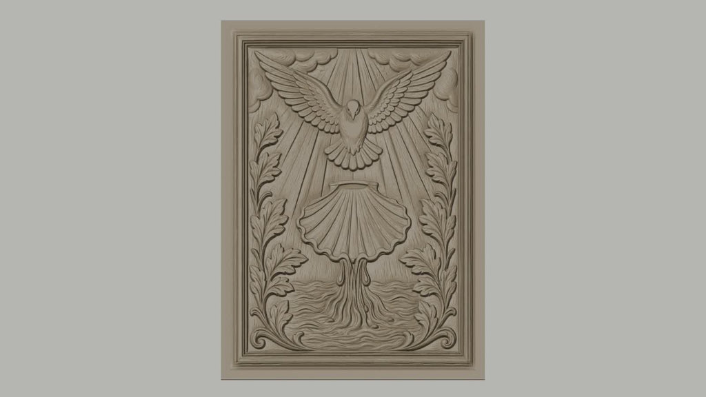 Fichier CNC & impression 3D colombe sacrée, baptême coquille et feuilles, haute qualité relief STL